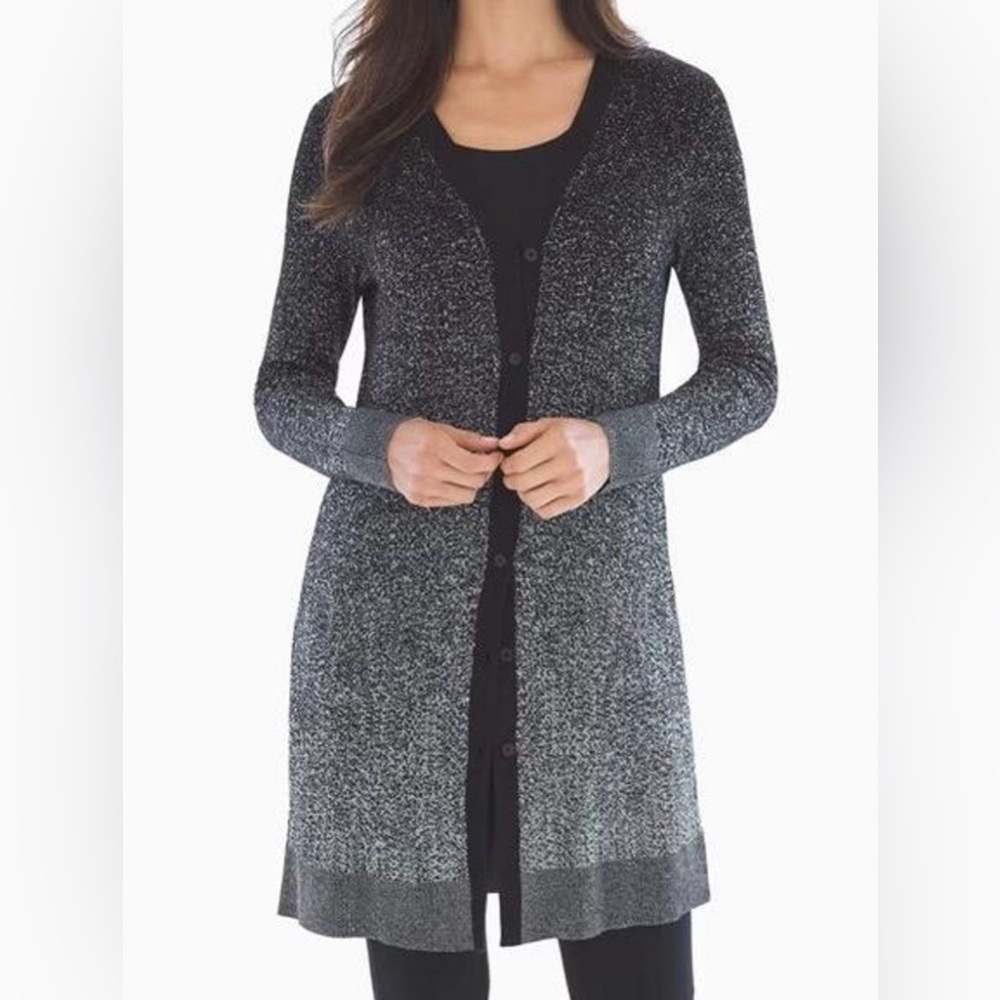 NWT!‎ Women's Soma Lurex Duster Black Silver Metallic Long Button Cardigan Small